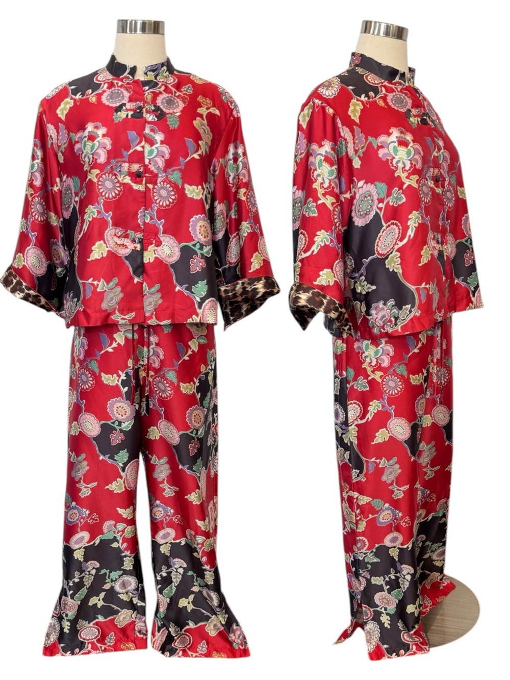 Natori Red Floral Print Medallion Label Silky Satin 2pc Set Vintage Pajamas PJ